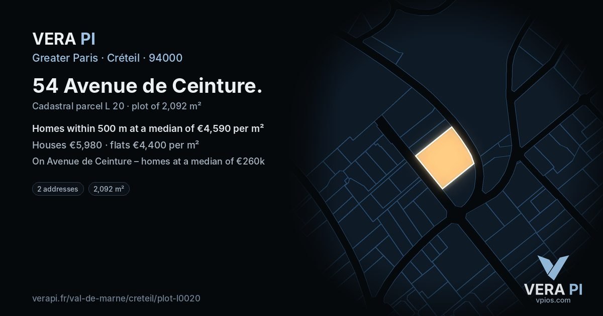 54 Avenue de Ceinture, Créteil at night – the plot lit, the parcels around coloured by the prices near them