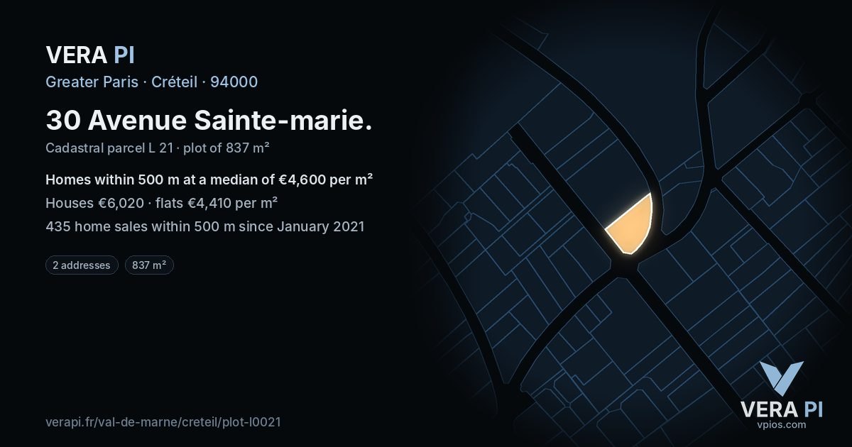 30 Avenue Sainte-marie, Créteil at night – the plot lit, the parcels around coloured by the prices near them