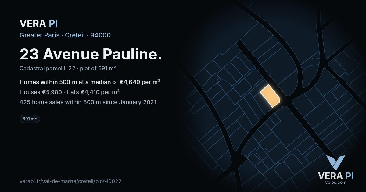 23 Avenue Pauline, Créteil at night – the plot lit, the parcels around coloured by the prices near them