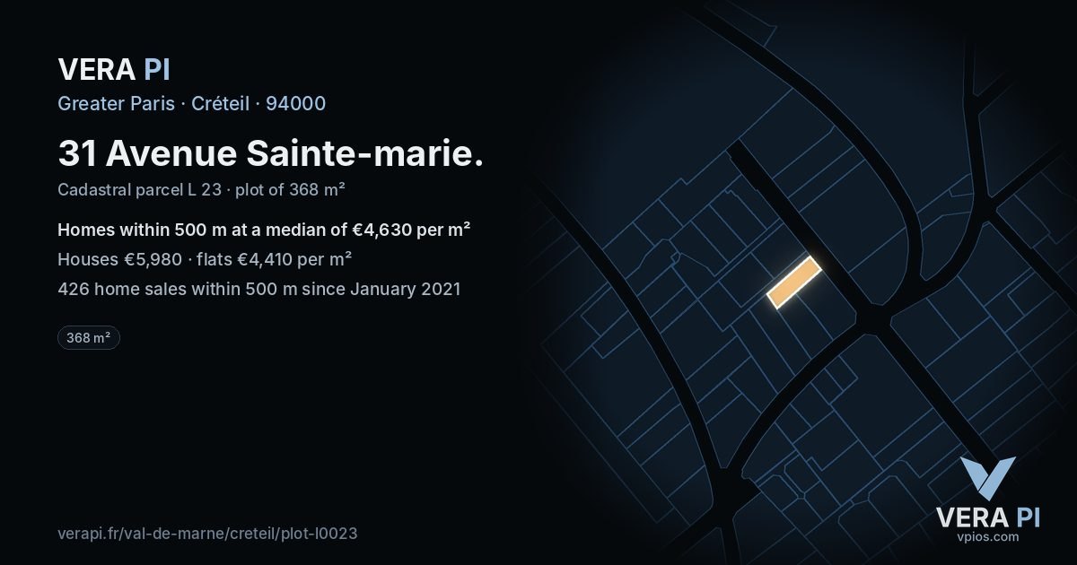 31 Avenue Sainte-marie, Créteil at night – the plot lit, the parcels around coloured by the prices near them