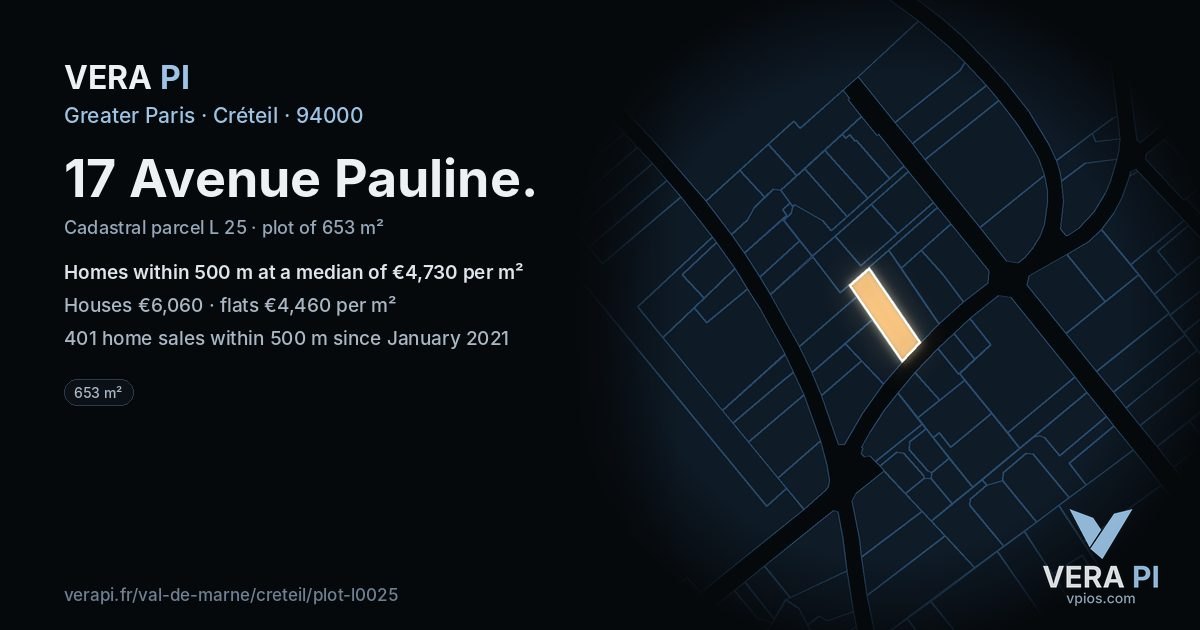 17 Avenue Pauline, Créteil at night – the plot lit, the parcels around coloured by the prices near them