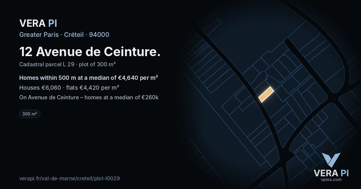 12 Avenue de Ceinture, Créteil at night – the plot lit, the parcels around coloured by the prices near them
