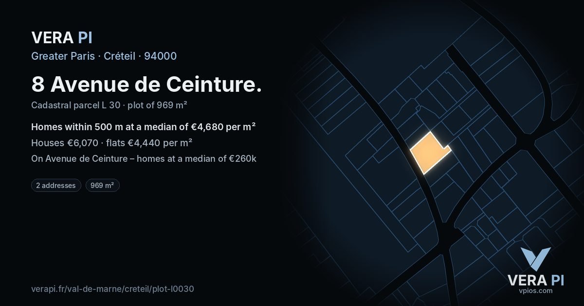 8 Avenue de Ceinture, Créteil at night – the plot lit, the parcels around coloured by the prices near them