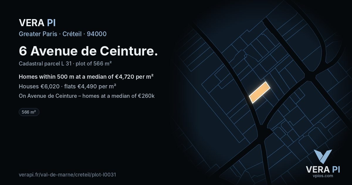 6 Avenue de Ceinture, Créteil at night – the plot lit, the parcels around coloured by the prices near them