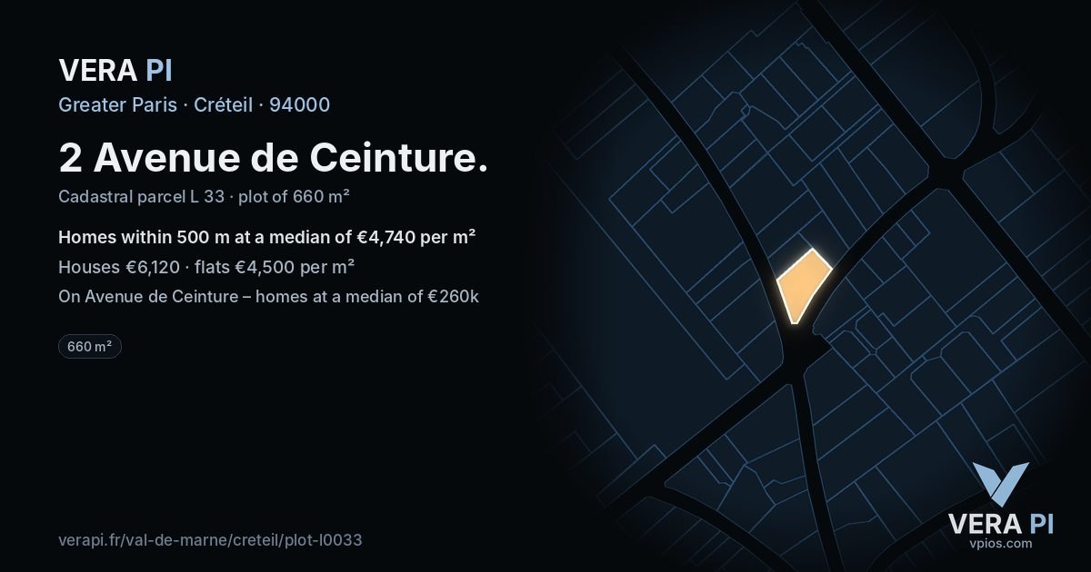 2 Avenue de Ceinture, Créteil at night – the plot lit, the parcels around coloured by the prices near them