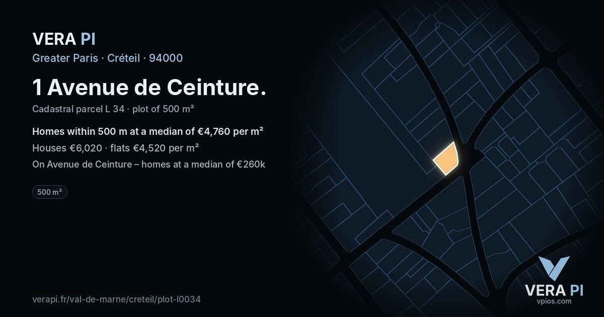 1 Avenue de Ceinture, Créteil at night – the plot lit, the parcels around coloured by the prices near them