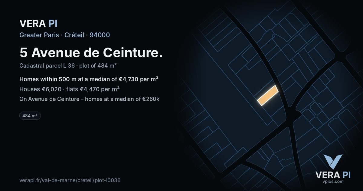 5 Avenue de Ceinture, Créteil at night – the plot lit, the parcels around coloured by the prices near them