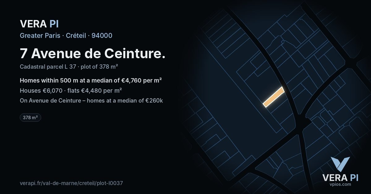 7 Avenue de Ceinture, Créteil at night – the plot lit, the parcels around coloured by the prices near them