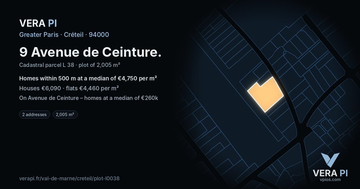 9 Avenue de Ceinture, Créteil at night – the plot lit, the parcels around coloured by the prices near them