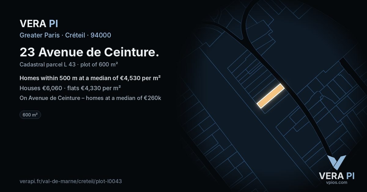 23 Avenue de Ceinture, Créteil at night – the plot lit, the parcels around coloured by the prices near them