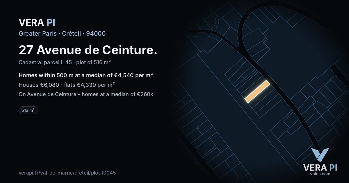 27 Avenue de Ceinture, Créteil at night – the plot lit, the parcels around coloured by the prices near them