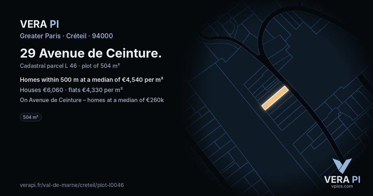 29 Avenue de Ceinture, Créteil at night – the plot lit, the parcels around coloured by the prices near them