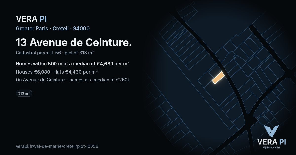 13 Avenue de Ceinture, Créteil at night – the plot lit, the parcels around coloured by the prices near them