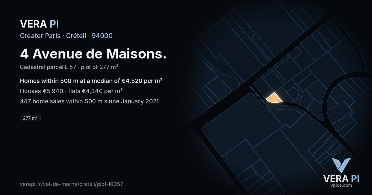 4 Avenue de Maisons, Créteil at night – the plot lit, the parcels around coloured by the prices near them