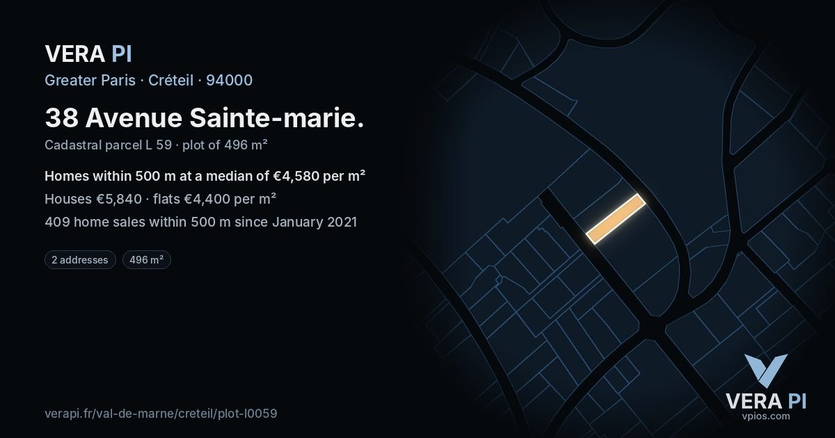 38 Avenue Sainte-marie, Créteil at night – the plot lit, the parcels around coloured by the prices near them