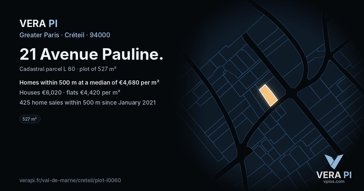 21 Avenue Pauline, Créteil at night – the plot lit, the parcels around coloured by the prices near them