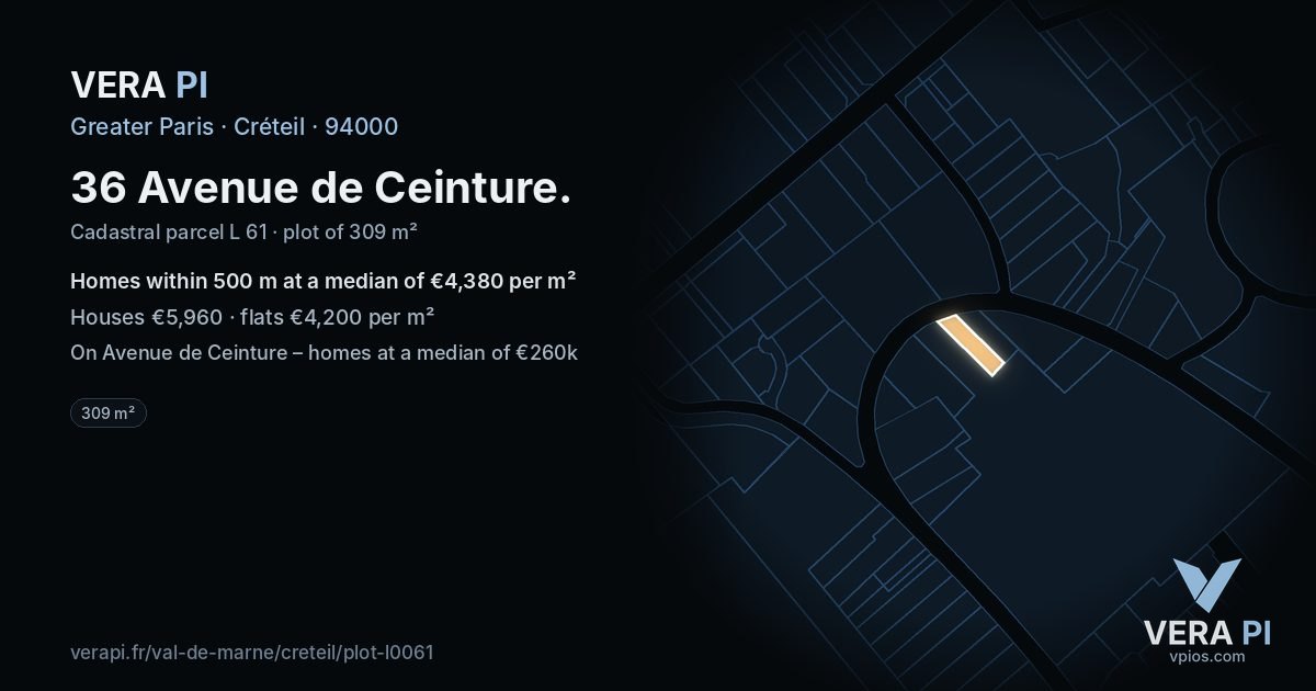36 Avenue de Ceinture, Créteil at night – the plot lit, the parcels around coloured by the prices near them