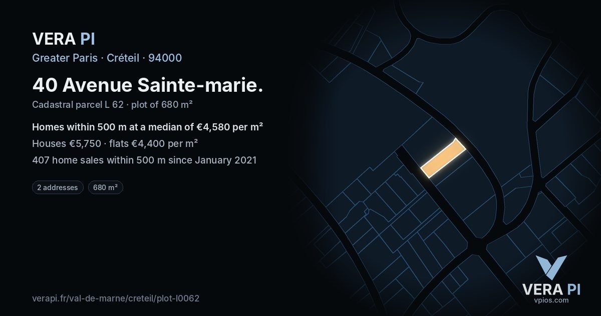 40 Avenue Sainte-marie, Créteil at night – the plot lit, the parcels around coloured by the prices near them