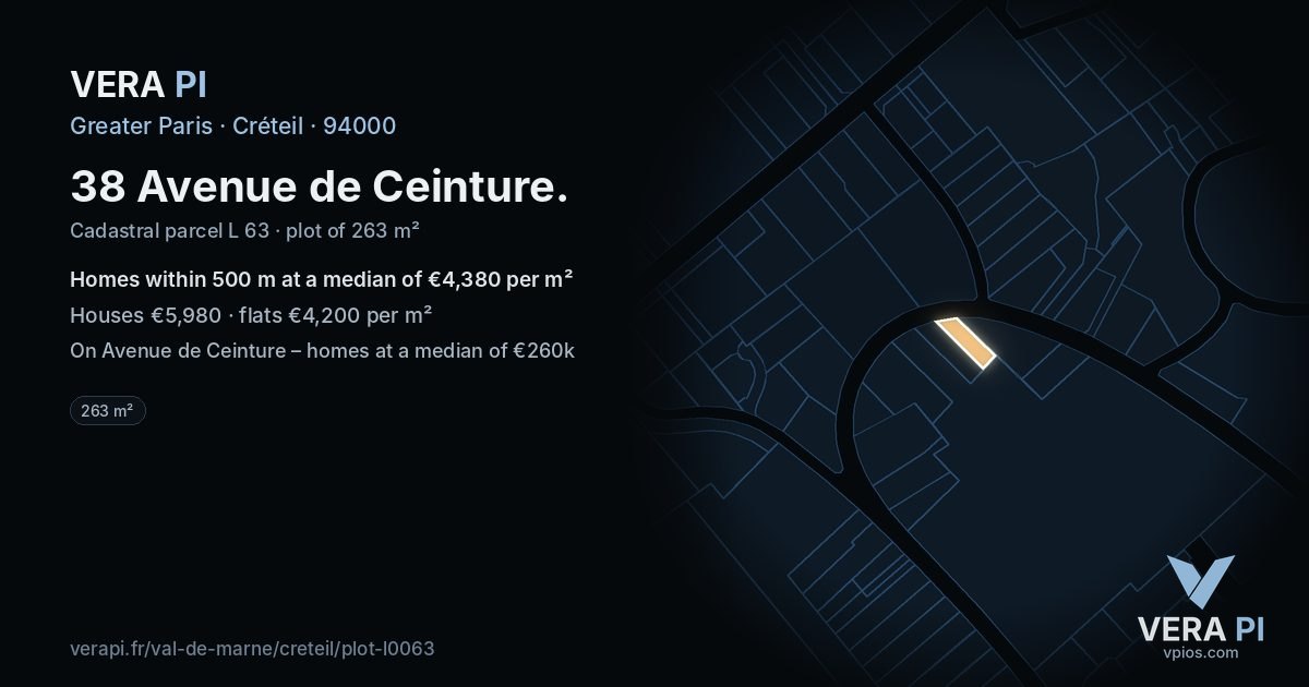 38 Avenue de Ceinture, Créteil at night – the plot lit, the parcels around coloured by the prices near them