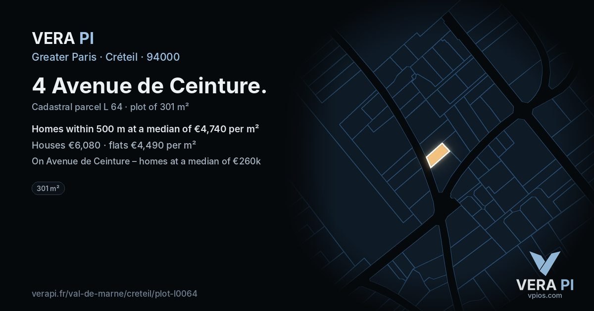 4 Avenue de Ceinture, Créteil at night – the plot lit, the parcels around coloured by the prices near them