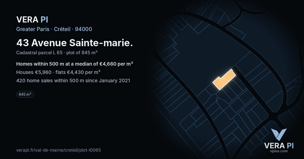 43 Avenue Sainte-marie, Créteil at night – the plot lit, the parcels around coloured by the prices near them