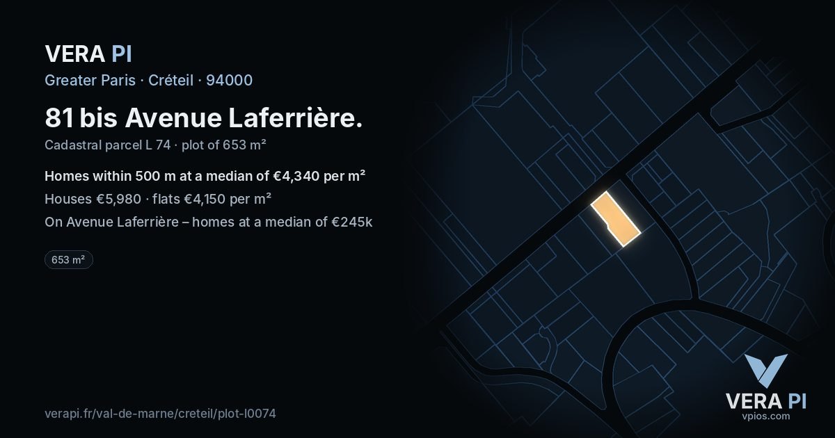 81 bis Avenue Laferrière, Créteil at night – the plot lit, the parcels around coloured by the prices near them