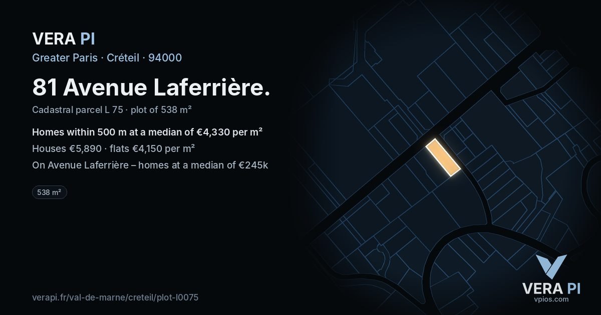 81 Avenue Laferrière, Créteil at night – the plot lit, the parcels around coloured by the prices near them