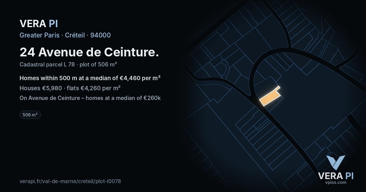 24 Avenue de Ceinture, Créteil at night – the plot lit, the parcels around coloured by the prices near them