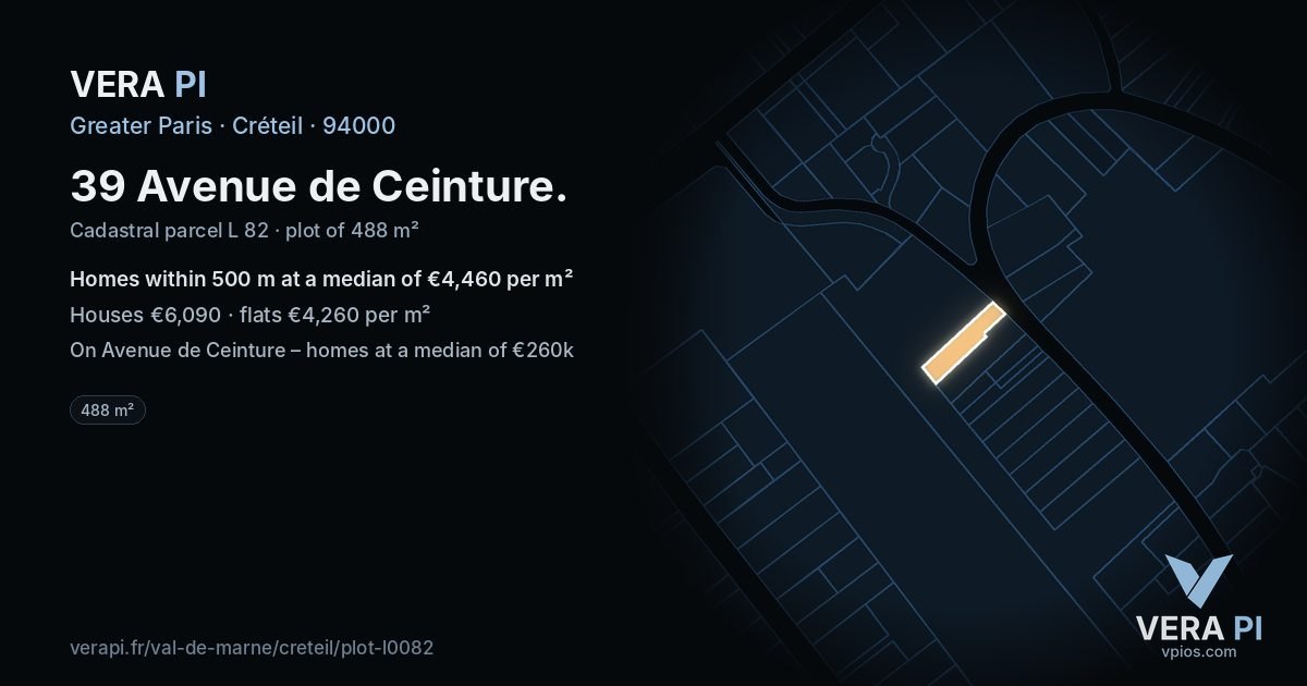 39 Avenue de Ceinture, Créteil at night – the plot lit, the parcels around coloured by the prices near them