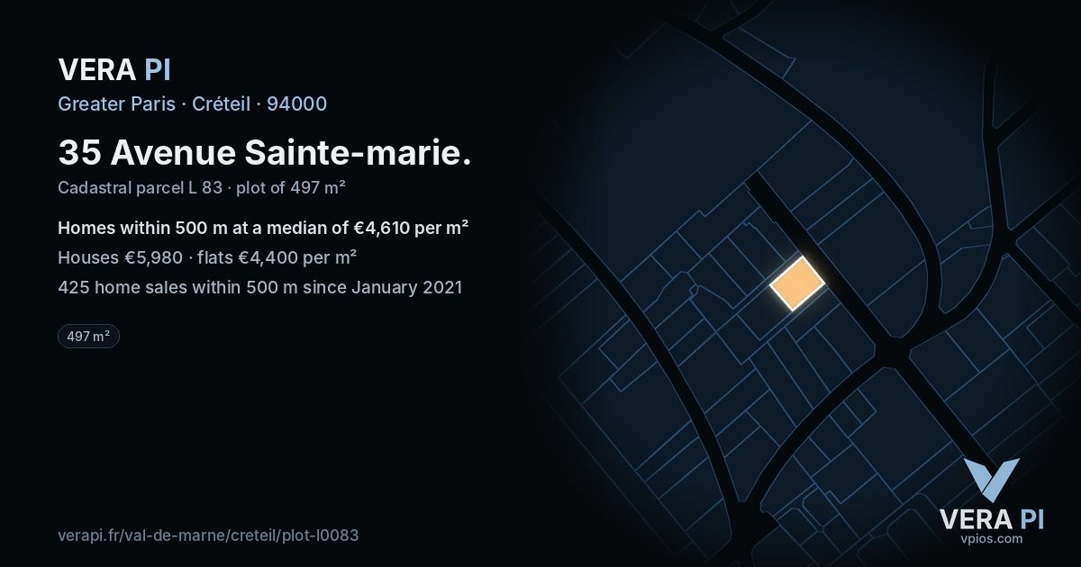35 Avenue Sainte-marie, Créteil at night – the plot lit, the parcels around coloured by the prices near them