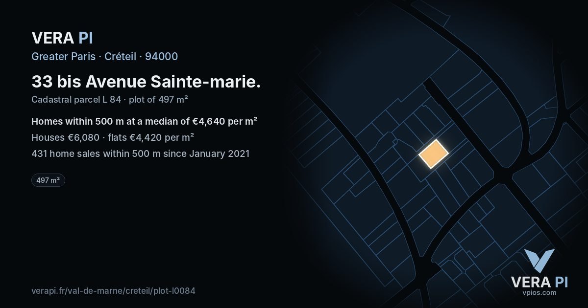 33 bis Avenue Sainte-marie, Créteil at night – the plot lit, the parcels around coloured by the prices near them