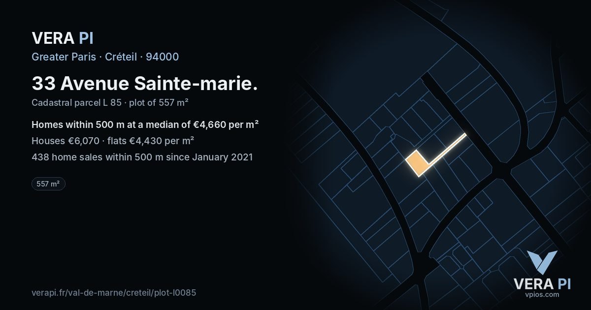 33 Avenue Sainte-marie, Créteil at night – the plot lit, the parcels around coloured by the prices near them