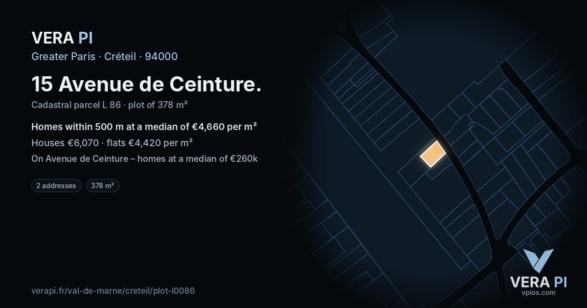 15 Avenue de Ceinture, Créteil at night – the plot lit, the parcels around coloured by the prices near them