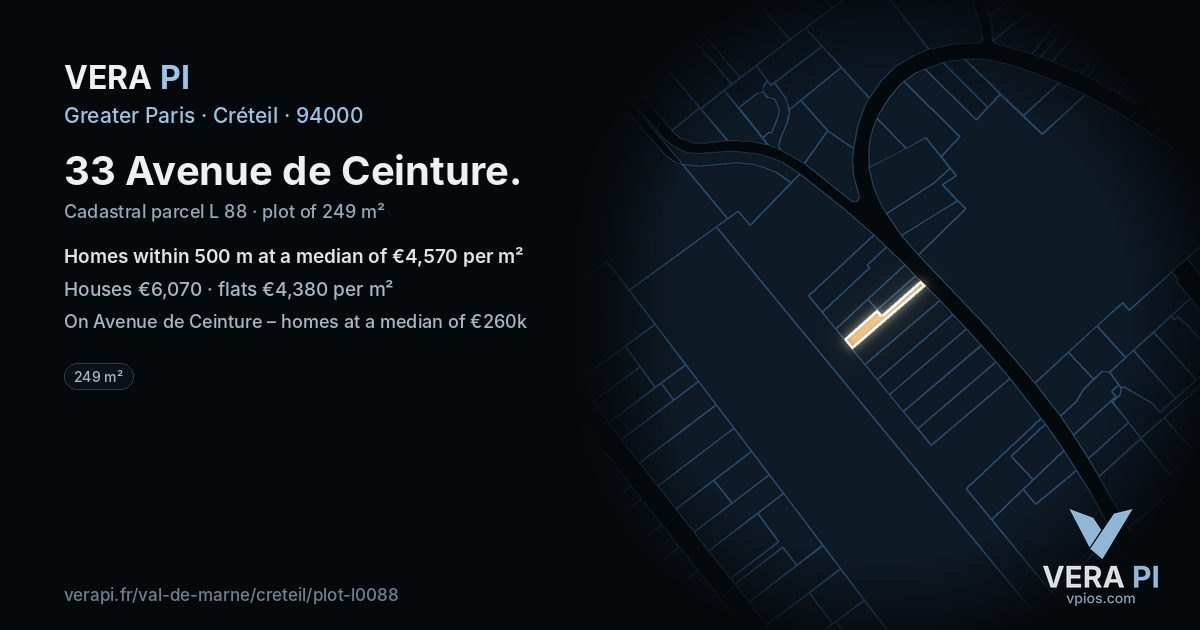 33 Avenue de Ceinture, Créteil at night – the plot lit, the parcels around coloured by the prices near them
