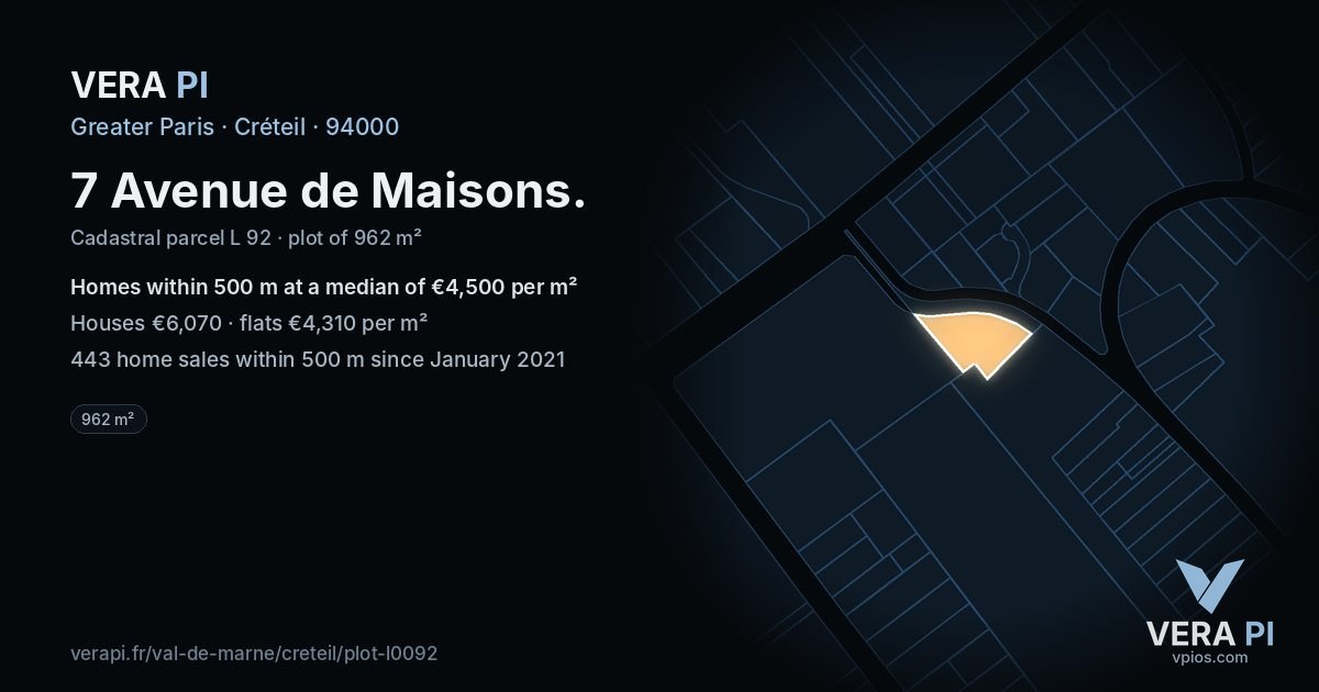 7 Avenue de Maisons, Créteil at night – the plot lit, the parcels around coloured by the prices near them