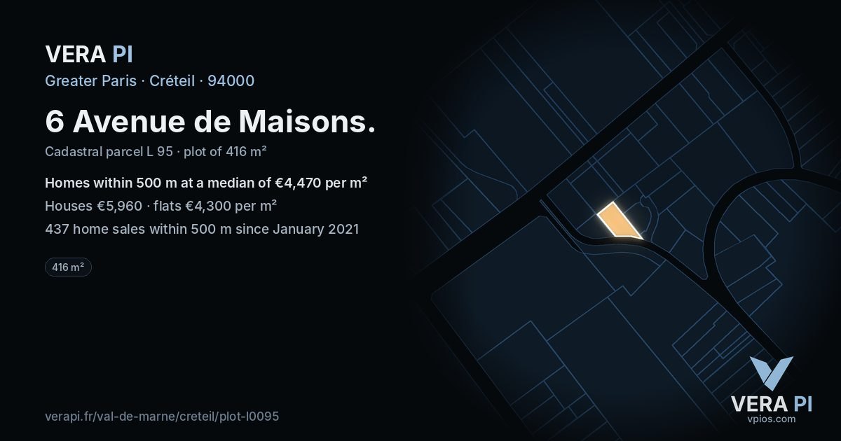 6 Avenue de Maisons, Créteil at night – the plot lit, the parcels around coloured by the prices near them