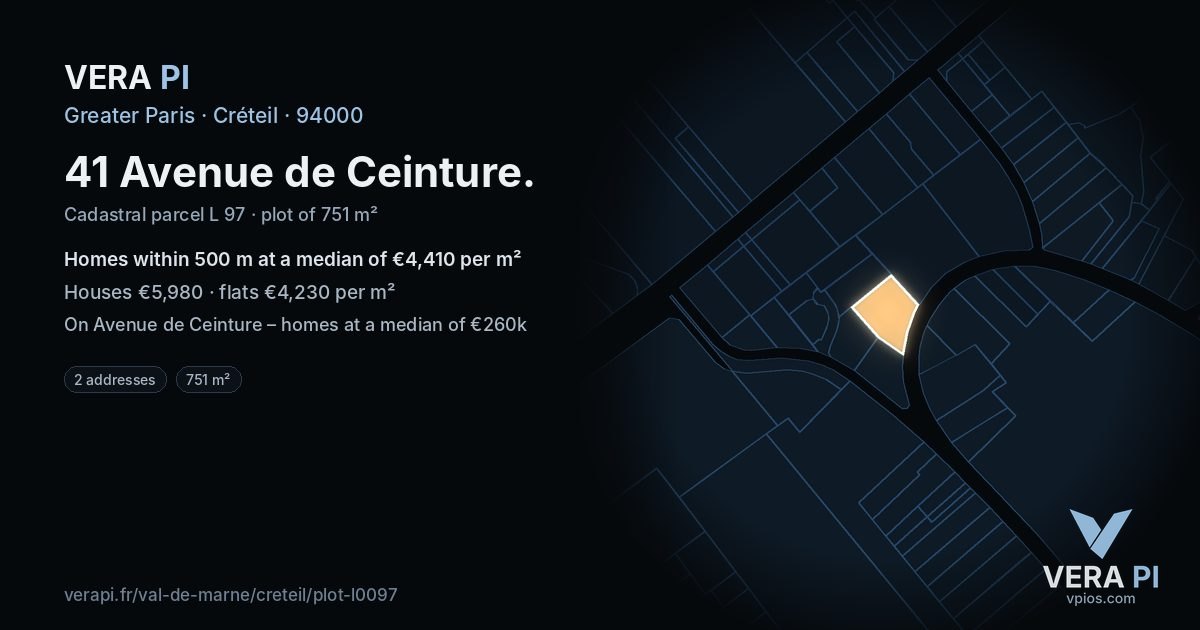41 Avenue de Ceinture, Créteil at night – the plot lit, the parcels around coloured by the prices near them