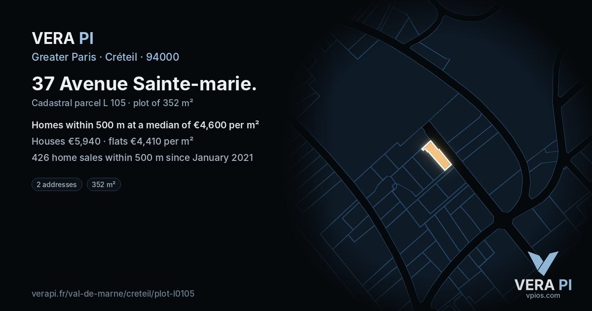 37 Avenue Sainte-marie, Créteil at night – the plot lit, the parcels around coloured by the prices near them