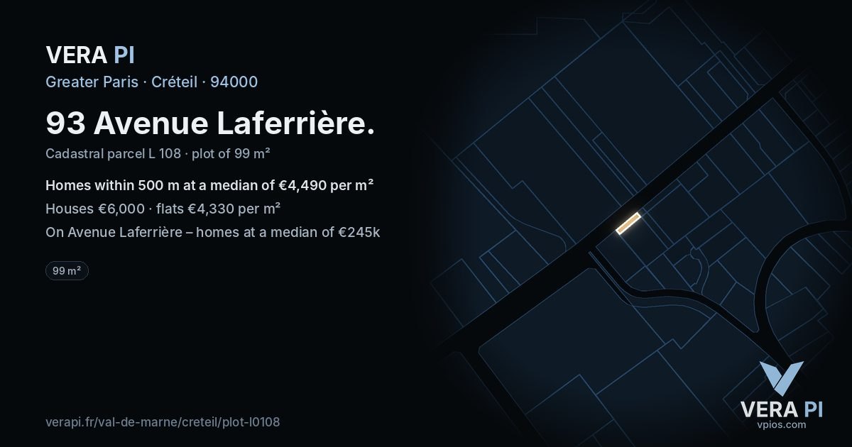 93 Avenue Laferrière, Créteil at night – the plot lit, the parcels around coloured by the prices near them