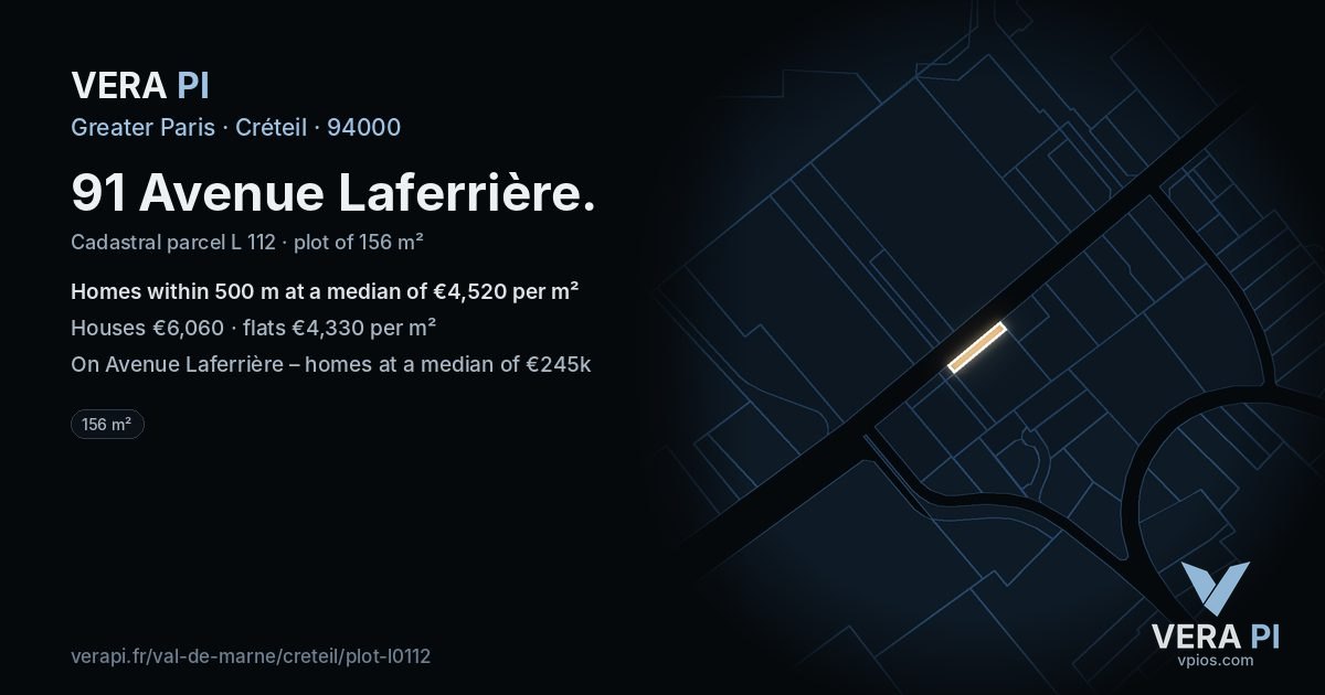 91 Avenue Laferrière, Créteil at night – the plot lit, the parcels around coloured by the prices near them