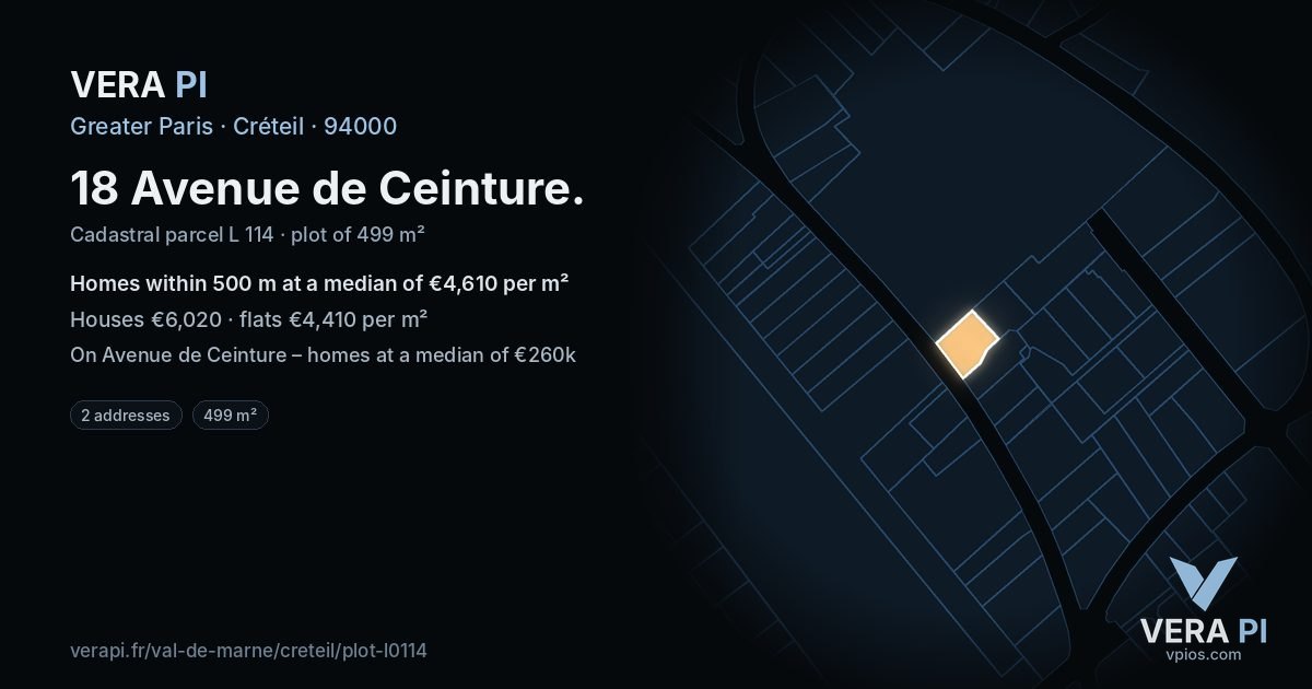 18 Avenue de Ceinture, Créteil at night – the plot lit, the parcels around coloured by the prices near them