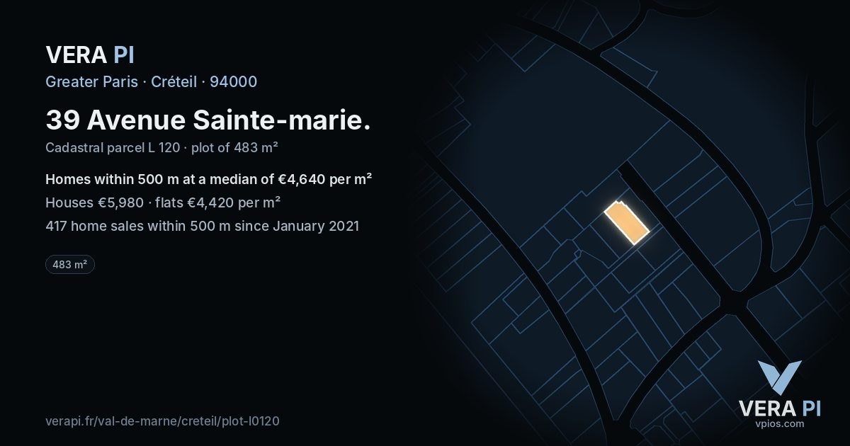 39 Avenue Sainte-marie, Créteil at night – the plot lit, the parcels around coloured by the prices near them