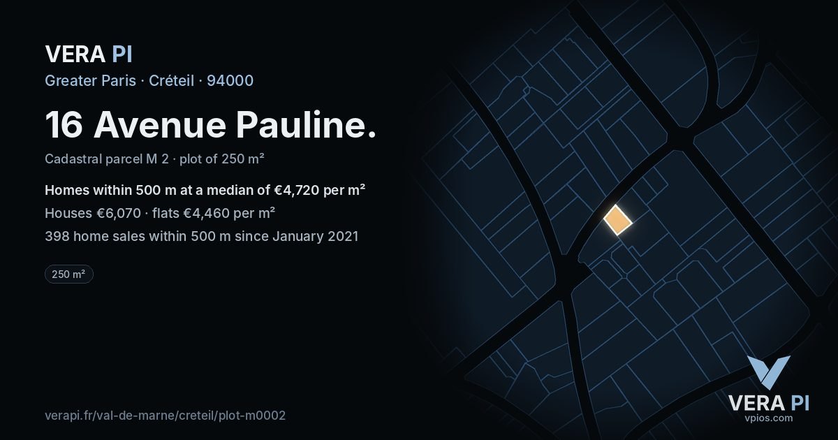 16 Avenue Pauline, Créteil at night – the plot lit, the parcels around coloured by the prices near them