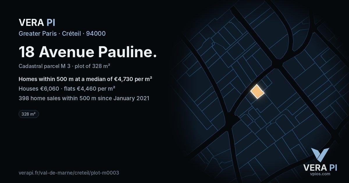 18 Avenue Pauline, Créteil at night – the plot lit, the parcels around coloured by the prices near them