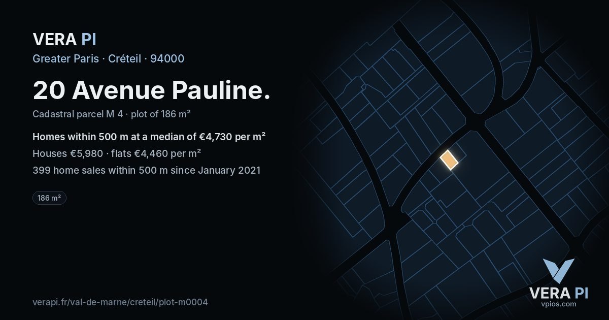 20 Avenue Pauline, Créteil at night – the plot lit, the parcels around coloured by the prices near them