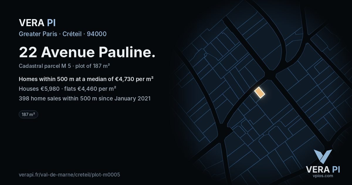 22 Avenue Pauline, Créteil at night – the plot lit, the parcels around coloured by the prices near them