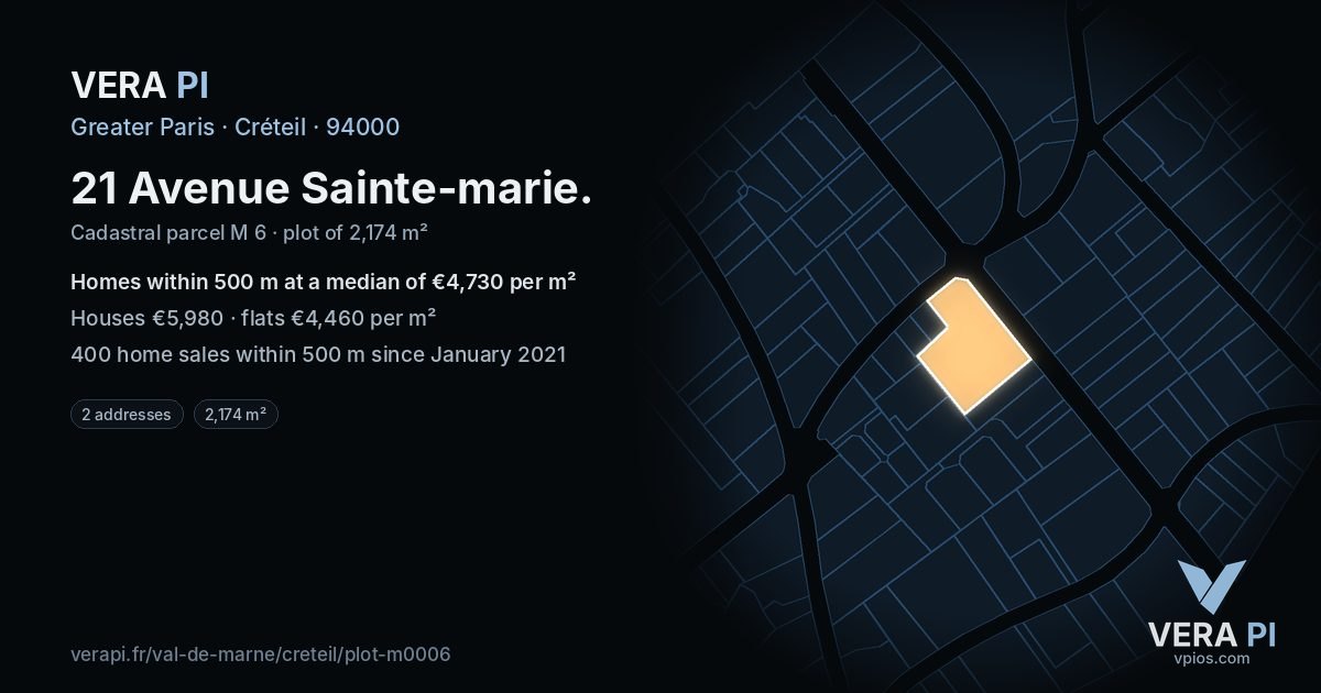 21 Avenue Sainte-marie, Créteil at night – the plot lit, the parcels around coloured by the prices near them