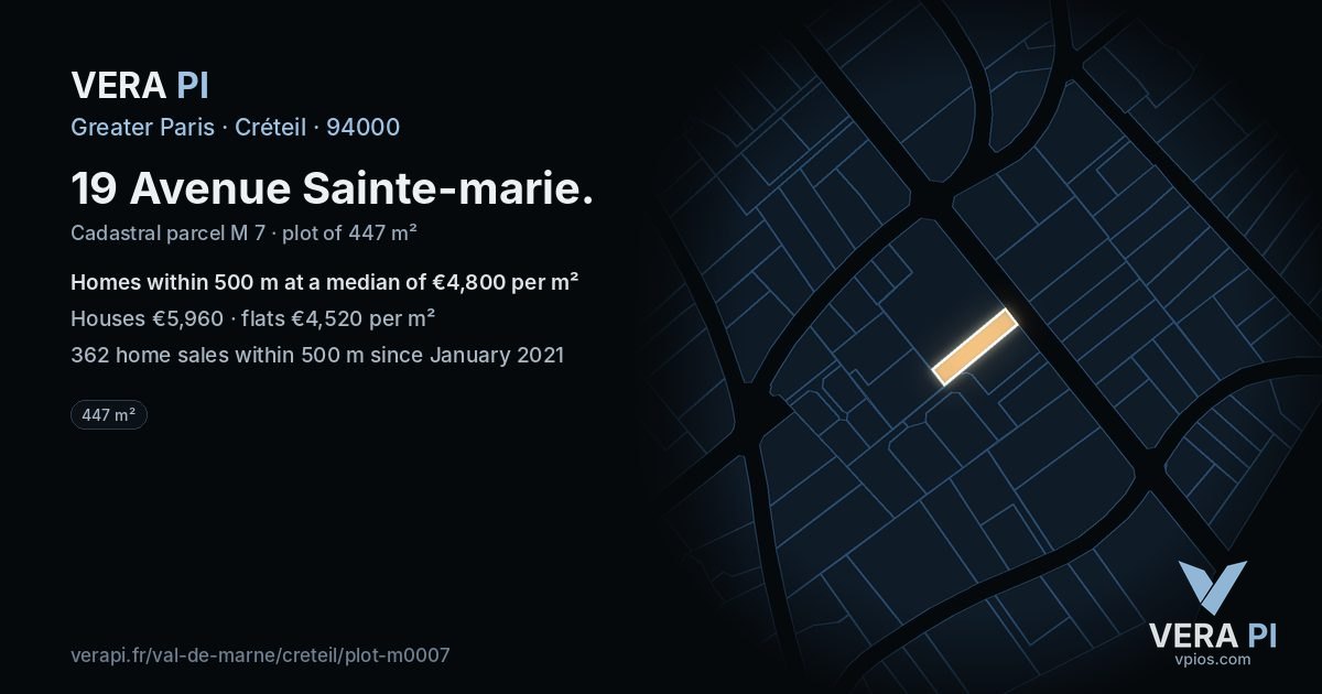 19 Avenue Sainte-marie, Créteil at night – the plot lit, the parcels around coloured by the prices near them