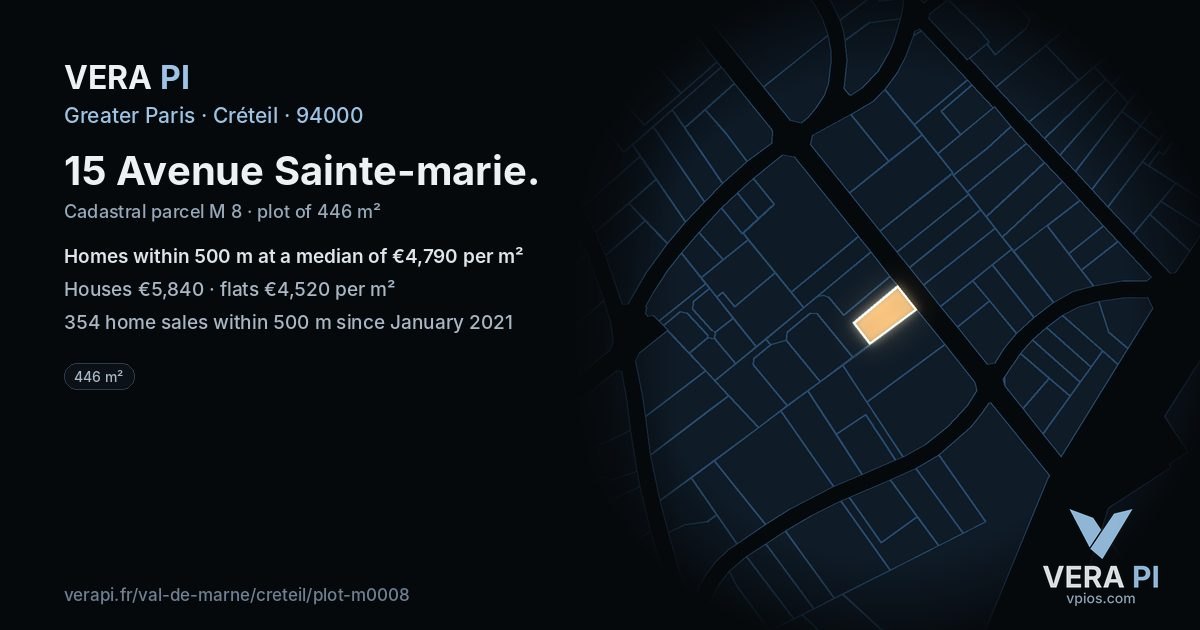 15 Avenue Sainte-marie, Créteil at night – the plot lit, the parcels around coloured by the prices near them