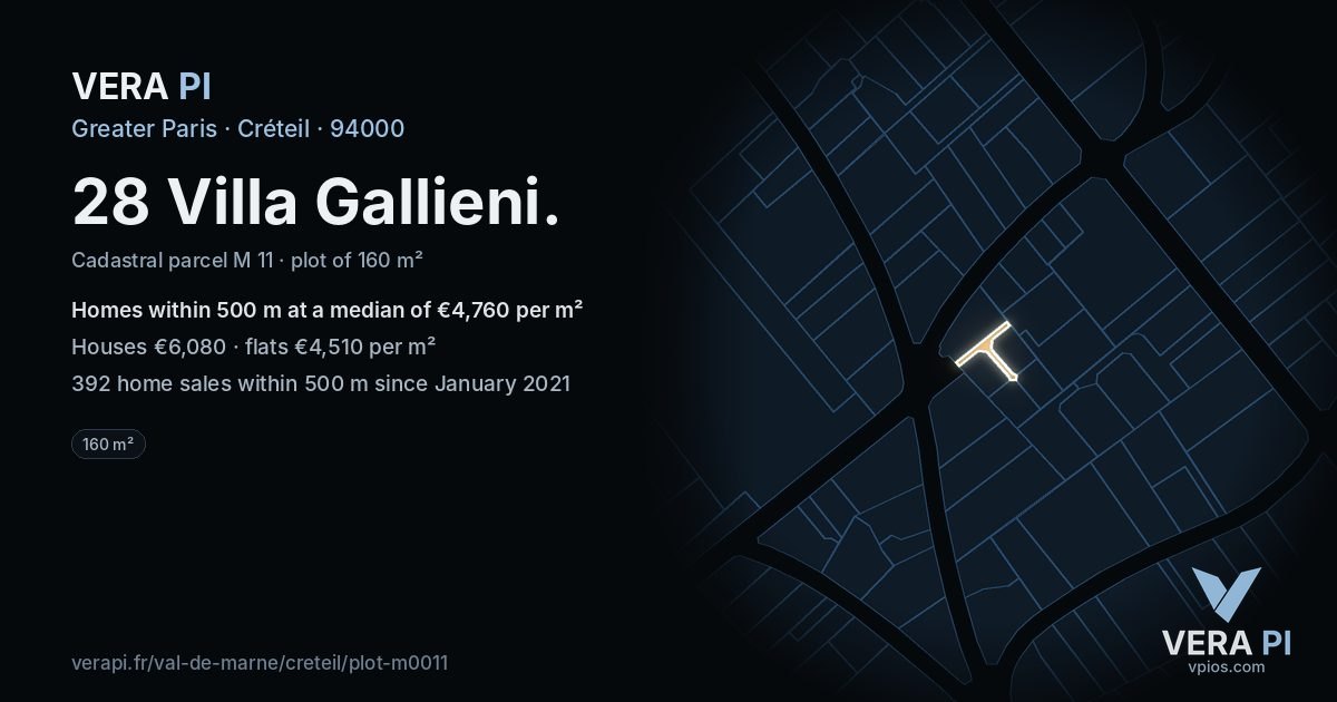28 Villa Gallieni, Créteil at night – the plot lit, the parcels around coloured by the prices near them